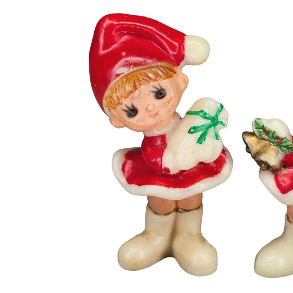 VTG 60s Kitschy Elf Girls Christmas Figurines Miniature Pixie Celluloid Set Of 2